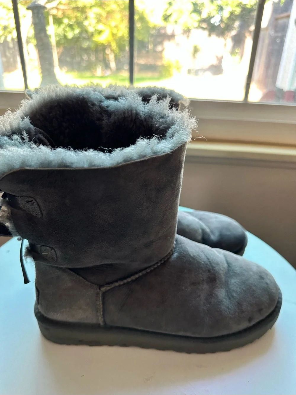 UGG Women's Gray Suede Shearling Winter Boots with Back Bow